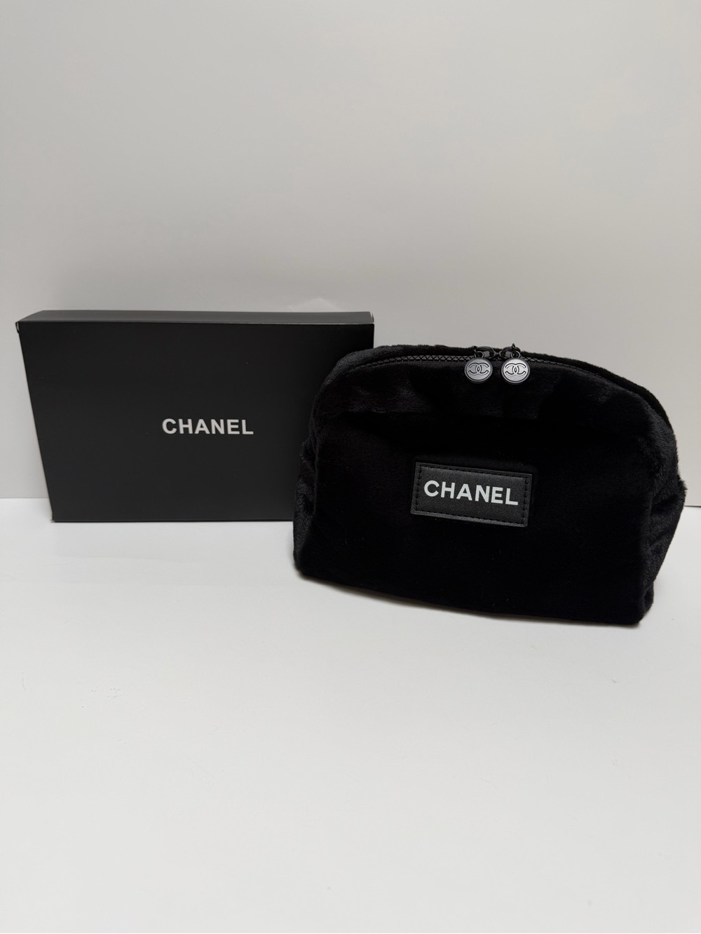 Chanel Beauty Black Faux Fur Cosmetic Bag NWOT